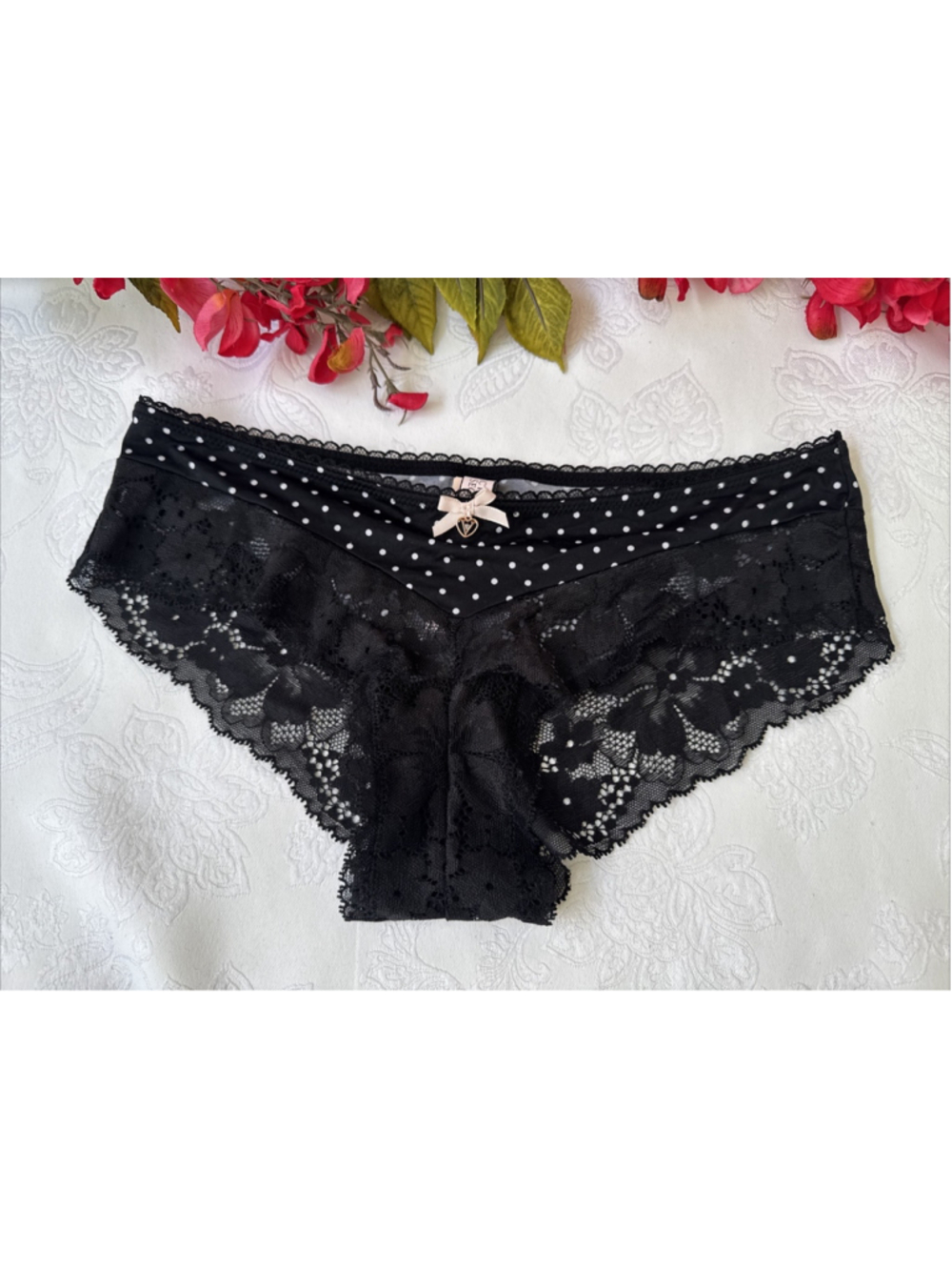VICTORIA'S SECRET XS BODY BY VICTORIA BLACK POLKA DOT SILKY HIPHUGGER PANTIES
